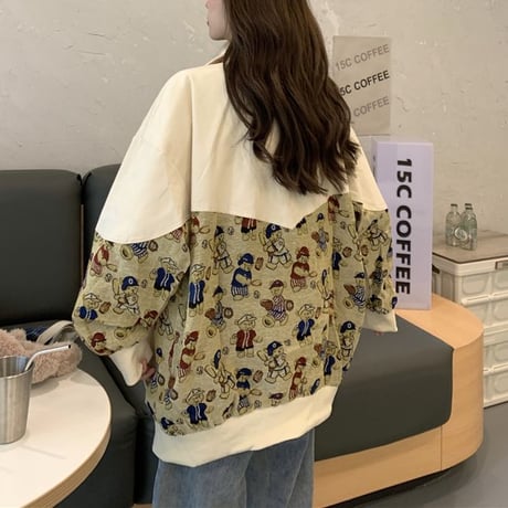 ジャケット くまちゃん ベアー ジップアップ 薄手 長袖 レトロ ルーズ 韓国ファッション レディース 大人可愛い ガーリー カジュアル ストリートファッション DTC-652685578373