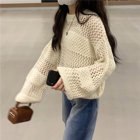 ニット トップス 透かし編み  ボーダー ルーズ 肌チラ 長袖 レトロ 韓国ファッション レディース 大人可愛い ガーリー カジュアル DTC-666324156331