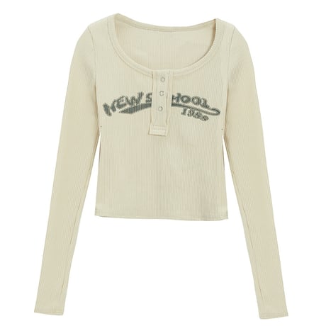 トップス ヘンリーネック ショート丈 ロンT スリムフィット tシャツ ロゴプリント 長袖 レトロ 韓国ファッション レディース 大人可愛い ガーリー DTCA-679030212102