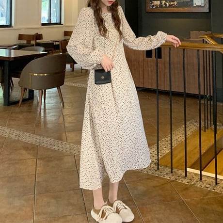 小花柄 ワンピース パフスリーブ ロング丈 ハイウエスト 長袖 クルーネック 薄手 韓国ファッション レディース 大人可愛い ガーリー フェミニン レトロDTC-655695330315
