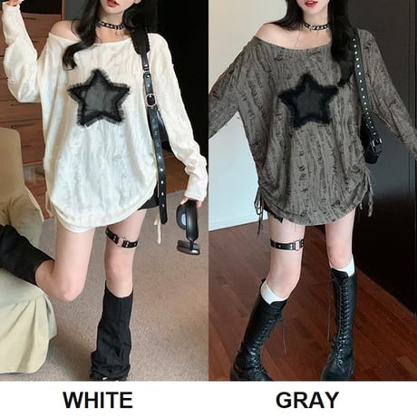 ロンT ダメージ加工 スター 星 ドローストリング ドロスト ダメージトップス プルオーバー tシャツ オーバーサイズ ルーズ 長袖 レトロ 大人可愛い ガーリー DTCA-837831882209