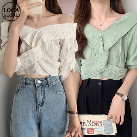 2way ブラウス Vネック オフショルダー 半袖 薄手 無地 韓国ファッション レディース トップス 大人可愛い ガーリー DTC-650101350711