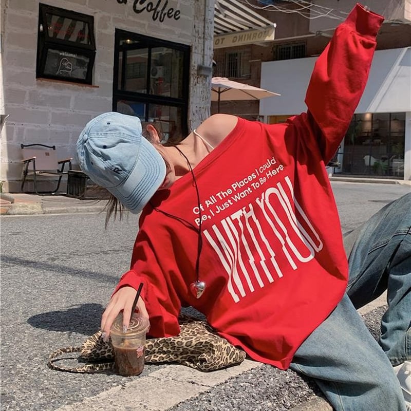 FOTUS フェトウス　オフショルダー　トップス　ジップ 2WAY 前後着用 トップス ロンT ワンショルダー オフショルダー tシャツ