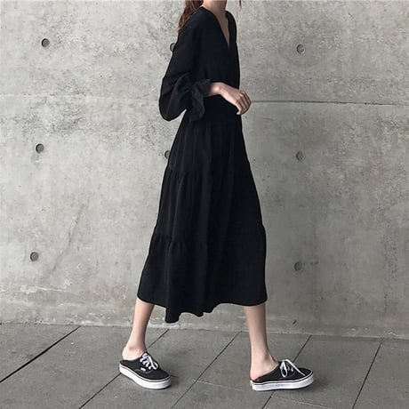 ティアードワンピース Vネック ロング丈 ハイウエスト 長袖 韓国ファッション レディース ミニワンピース 大人可愛い ガーリー フェミニン DTC-652647299876
