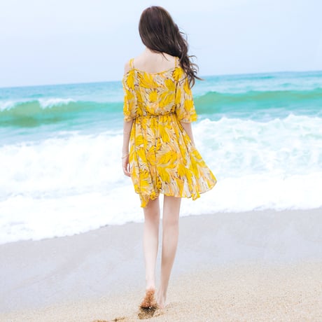 レディース ワンピース オフショルダー フリル ビーチワンピース シフォン スリング チラ見せ リゾート (DCT-574728800781)
