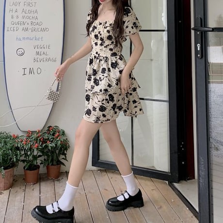 バックオープン 花柄ワンピース 背中開き バックリボン スクエアネック 半袖 ミニワンピース ハイウエスト 韓国ファッション レディース 大人可愛い ガーリー DTC-726967599928