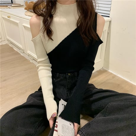 オープンショルダー リブニット バイカラー ハーフハイネック スリムフィット 韓国ファッション レディース ニット セーター 肩開き 大人可愛い ガーリー DTC-628830512876