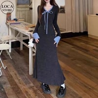 ニットワンピース リボン Vネック チェック柄 切替え ロングワンピース スリムフィット 長袖 レトロ 大人可愛い ガーリー DTCA-862268177145