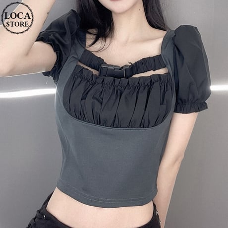 Tシャツ クロップド丈 へそ出し パフスリーブ スリムフィット 半袖Tシャツ 半袖 ショート丈 韓国ファッション レディース 大人可愛い ガーリー カジュアル DTC-675249391772