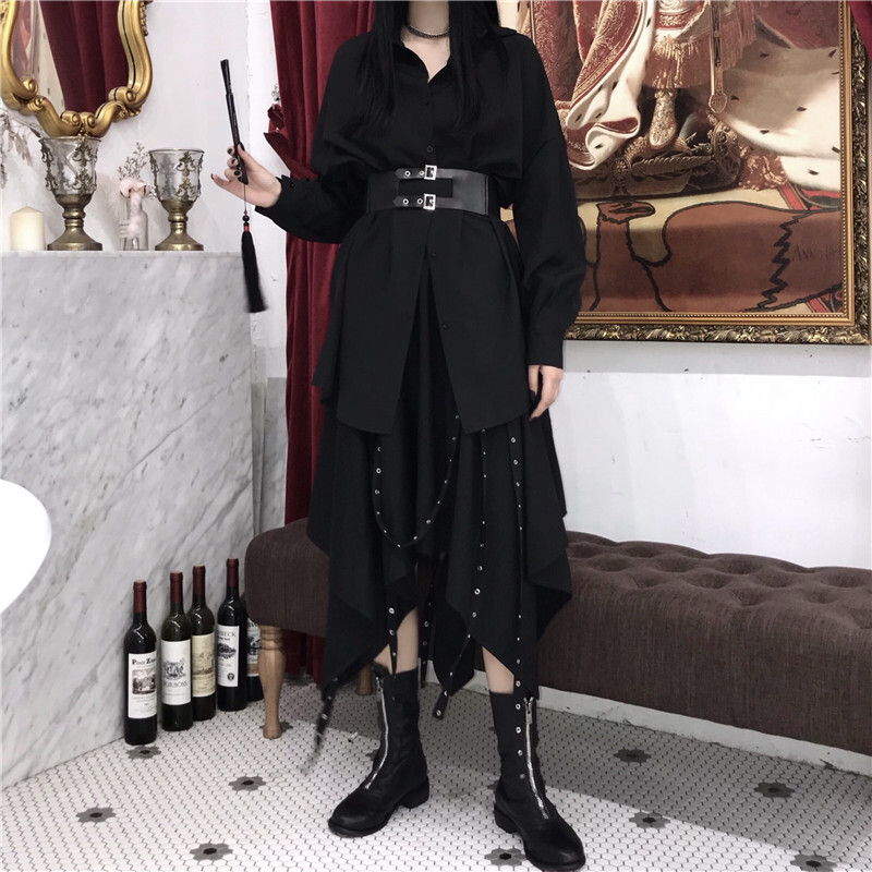 セット ステッチ 長袖 シャツ ロング丈 スカート ベルト付き 2 セットアップ ベルト付き ロングシャツ 長袖 アシンメトリー