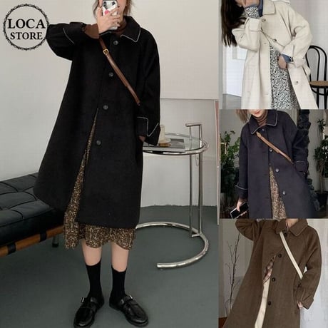 ステンカラーコート ウールコート ロングコート フェイクウール シングルブレスト アウター 長袖 韓国ファッション レディース ルーズ レトロ 大人可愛い ガーリー DTC-656977531859