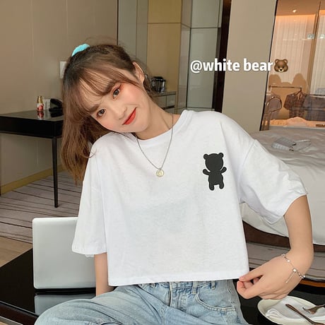 クマちゃん Tシャツ 半袖 ショート丈 韓国ファッション レディース ベアー ホワイト パープル シンプル カットソー ラウンドネック かわいい カジュアル ガーリー 619320885563