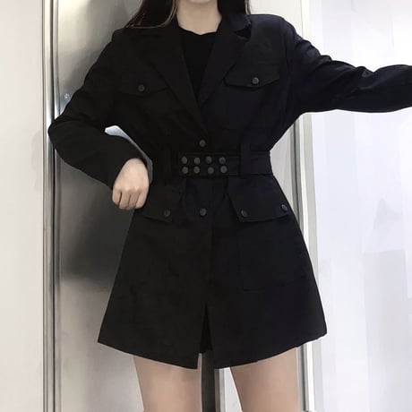 ウエストベルト付 ジャケット ポケット ロング丈 ウエストマーク シングルレスト ルーズ 韓国ファッション レディース レトロ 大人可愛い ガーリー DTC-625575914136