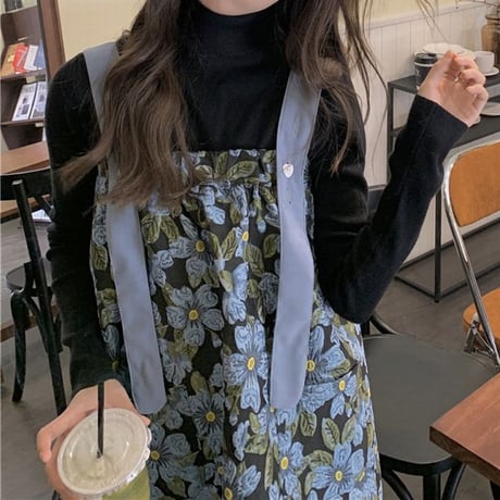 花柄 ジャンパースカート ジャンスカ ハイウエスト ノースリーブ レトロ 韓国ファッション レディース 大人可愛い ガーリー フェミニン カジュアル DTC-666447707837