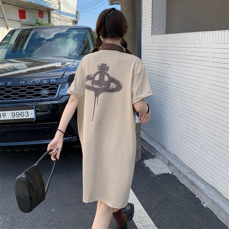ポロワンピース ハーフジップ バックプリント 半袖 配色 POLOカラー ミニワンピース ハイウエスト レトロ 韓国ファッション レディース ガーリー カジュアル DTC-679716051631