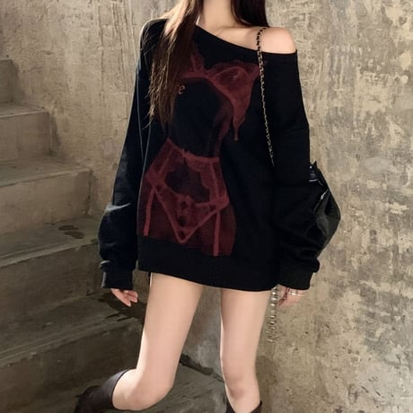 2way オフショルダー トップス セクシープリント スウェット オーバーサイズ ロンT トレーナー 長袖 韓国ファッション レディース 大人可愛い ガーリー DTCA-825951976485