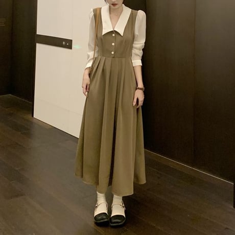 フェイクレイヤード ワンピース ドッキングワンピース ブラウス ジャンパースカート 長袖 ロング丈 ハイウエスト 韓国ファッション レディース 大人可愛い ガーリー DTC-658115140150