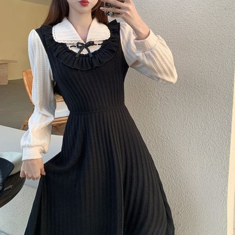 フェイクレイヤード リボン付き プリーツ ワンピース Aライン ハイウエスト ロングワンピース フェイクツーピース 長袖 レトロ 大人可愛い ガーリー DTCA-841714950967