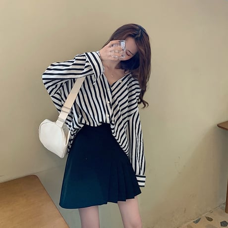 ストライプ柄 シャツ ブラウス オフショルダー 長袖 韓国ファッション レディース 折り襟 ルーズ かわいい ガーリー (DTC-624283952292)