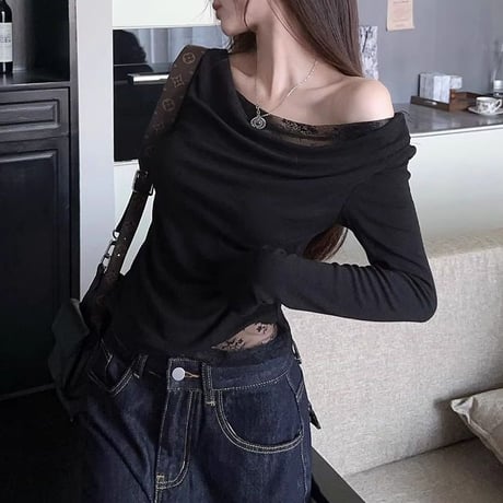 レース付き Tシャツ ワンショルダー スリムフィット ロンT トップス カットソー 長袖 レトロ 大人可愛い ガーリー DTCA-849082361382
