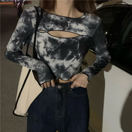 長袖 Tシャツ タイダイ染 胸あき ショート丈 韓国ファッション レディース ロングTシャツ ロンt トップス セクシー カットソー 大人可愛い ガーリー DTC-682182972364