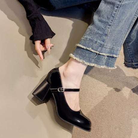メリージェーンパンプス 22.0～24.5cm パテントレザー チャンキーヒール 太ヒール 7.5cm パンプス ラウンドトゥ 韓国ファッション レディース DTCA-821831991229