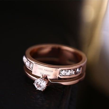 リング 指輪 金属アレルギー対応 2連リング CZ ローズゴールド アクセサリー シンプル チタンスチール316L DTC-571214294981