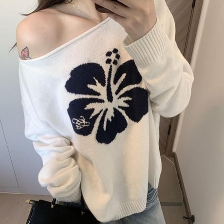 ニット トップス オフショルダー ハイビスカス柄 プルオーバー ワンショルダー 花柄 ゆったり ルーズ 長袖 レトロ 大人可愛い ガーリー DTCA-990809108327
