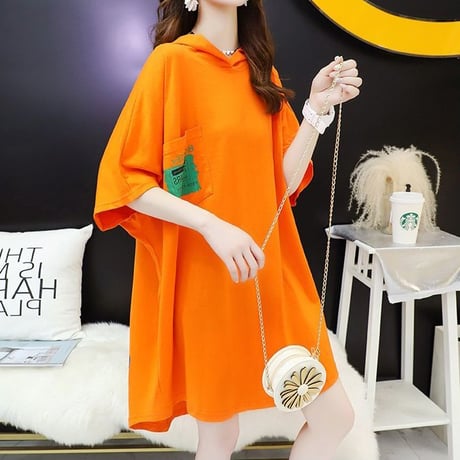 Tシャツ ワンピース パーカー ロングTシャツ フードTシャツ フード付き ゆったり 半袖 レトロ 韓国ファッション レディース 大人可愛い ガーリー カジュアル DTC-669585218614