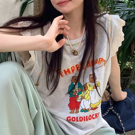 Tシャツ フライングスリーブ レース トップス ノースリーブ オーバーサイズ レトロ 韓国ファッション レディース 大人可愛い ガーリー カジュアル DTC-768900343552