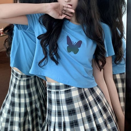 クロップド丈 Tシャツ 反射光 バタフライ 半袖 韓国ファッション レディース トップス ショート丈 プリント ガーリー カジュアル ストリートファッション DTC-617478923344