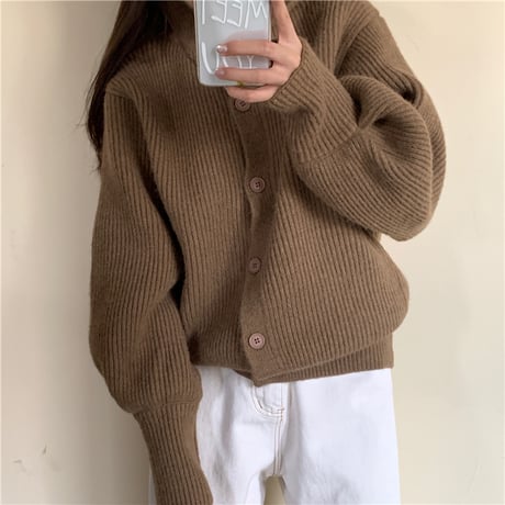 リブニット カーディガン ハイネック セーター ショート丈 リブ編み ルーズ アウター 韓国ファッション レディース レトロ 大人可愛い ガーリー DTC-655657524056