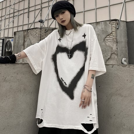 ユニセックス ダメージ加工 Tシャツ ハート クロス 半袖 オーバーサイズ 韓国ストリート系 韓国ファッション メンズ レディース カジュアル ストリートファッション DTC-643334954197