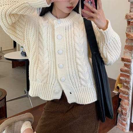 【4カラー】 ニットカーディガン ケーブル編み ショート丈 ルーズ ニット トップス 長袖 レトロ 韓国ファッション レディース 大人可愛い ガーリー DTC-686921734623