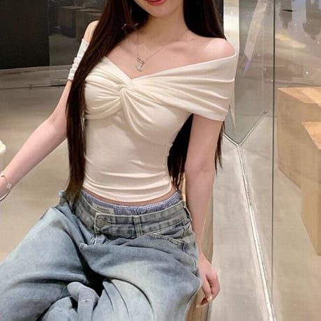 オフショルダー Tシャツ クロスデザイン トップス スリムフィット ショート丈 カットソー 半袖 レトロ 大人可愛い ガーリー DTCA-908624611946