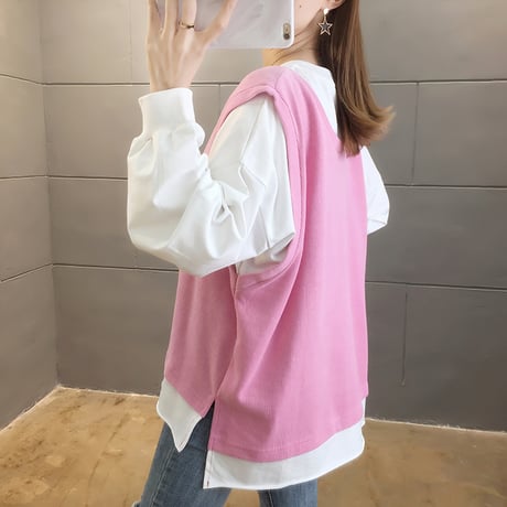 フェイクレイヤード トップス ベスト ドッキング ラウンドネック ルーズ 韓国ファッション レディース ゆったり 体型カバー 大人可愛い ガーリー DTC-624754370918