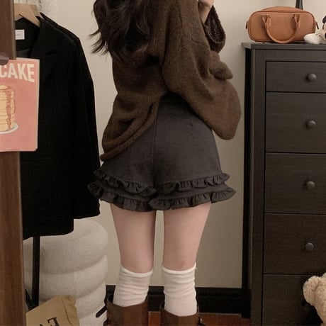 フリル ショートパンツ フェイクウール ハイウエスト スリム Aライン ショートボトム 秋 冬 レトロ 韓国ファッション レディース 大人可愛い ガーリー DTCA-873635337938