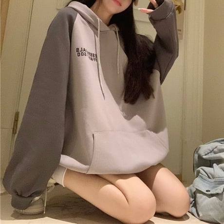 バイカラー パーカー ダークグレー プルオーバー オーバーサイズ ビッグシルエット レトロ 韓国ファッション レディース カジュアル 韓国ストリートファッション DTC-684860027672_dg