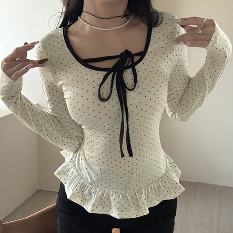 ドット柄 ロンＴトップス ウエストフリル リボン スリムフィット カットソー 長袖 レトロ 大人可愛い ガーリー DTCA-988020680381