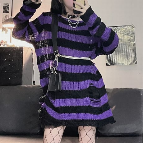 ダメージニット ボーダーニット パープル 紫 ダメージ加工 ニット ドロップショルダー オーバーサイズ 薄手 ロング丈 韓国ファッション レディース 暗黒系 DTC-664789850051