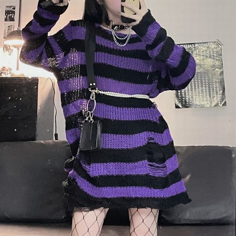 ダメージニット ボーダーニット パープル 紫 ダメージ加工 ダメージニット ボーダーニット パープル 紫 ダメージ加工