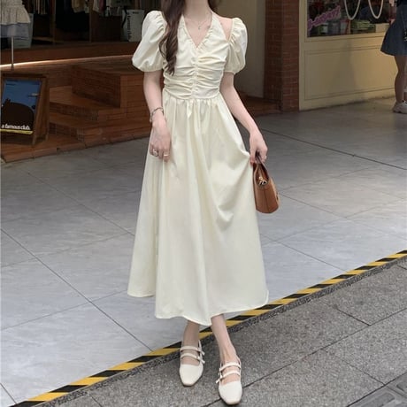 ワンピース プリーツ 半袖 肩開き ハイウエスト ロング丈 Aライン レトロ 韓国ファッション レディース 大人可愛い ガーリー DTC-717976721684