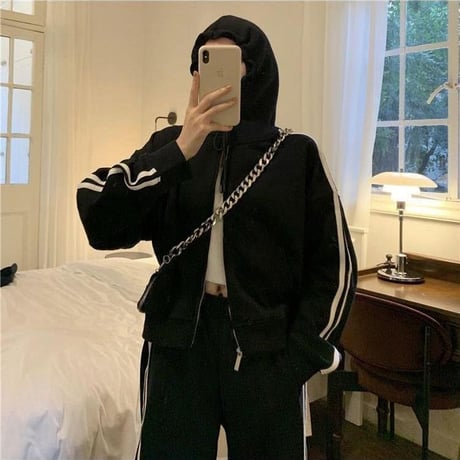 セットアップ 上下セット スウェット サイドライン ジップアップ パーカー パンツ ジャージ ルーズ レトロ 大人可愛い ガーリー カジュアル スポーツミックス DTCA-687375312327