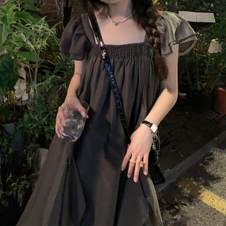 ワンピース フライングスリーブ スクエアネック 不規則デザイン ロングワンピース ルーズウエスト レトロ 韓国ファッション レディース 大人可愛い ガーリー DTC-679271508978