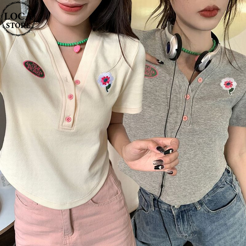 スナップ ヘンリーネック Tシャツ 2色 半袖 ルーズ 韓国 cr9732 ヘンリーネック Tシャツ 花 ショート丈 半袖 トップス Vネック