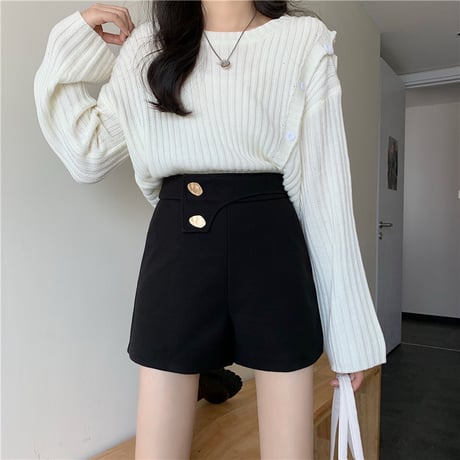 ショートパンツ ハイウエスト ボタン 韓国ファッション レディース ワイドレッグパンツ カジュアル 大人可愛い ガーリー DTC-631987259023