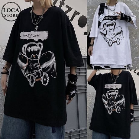 ユニセックス Tシャツ 半袖 ドロップショルダー ダーティーベア オーバーサイズ 韓国ファッション メンズ レディース トップス 暗黒系 ストリートファッション DTC-621077252226