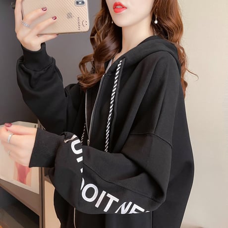 ジップアップ パーカー 袖プリント ドロップショルダー 薄手 オーバーサイズ 韓国ファッション レディース トップス フード付き カジュアル ストリートファッション DTC-653562026867