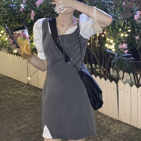 フェイクレイヤード ワンピース レースアップ 編み上げ パフスリーブ ドッキングワンピース Aライン ハイウエスト ミニワンピース レトロ 大人可愛い ガーリー DTCA-668386109511