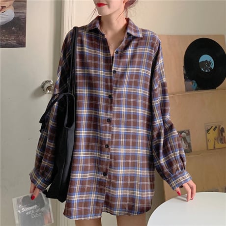 チェック柄 シャツ 薄手 オーバーサイズ チェックシャツ 長袖 レトロ 韓国ファッション レディース 大人可愛い ガーリー カジュアル ストリート系 DTC-626757190076